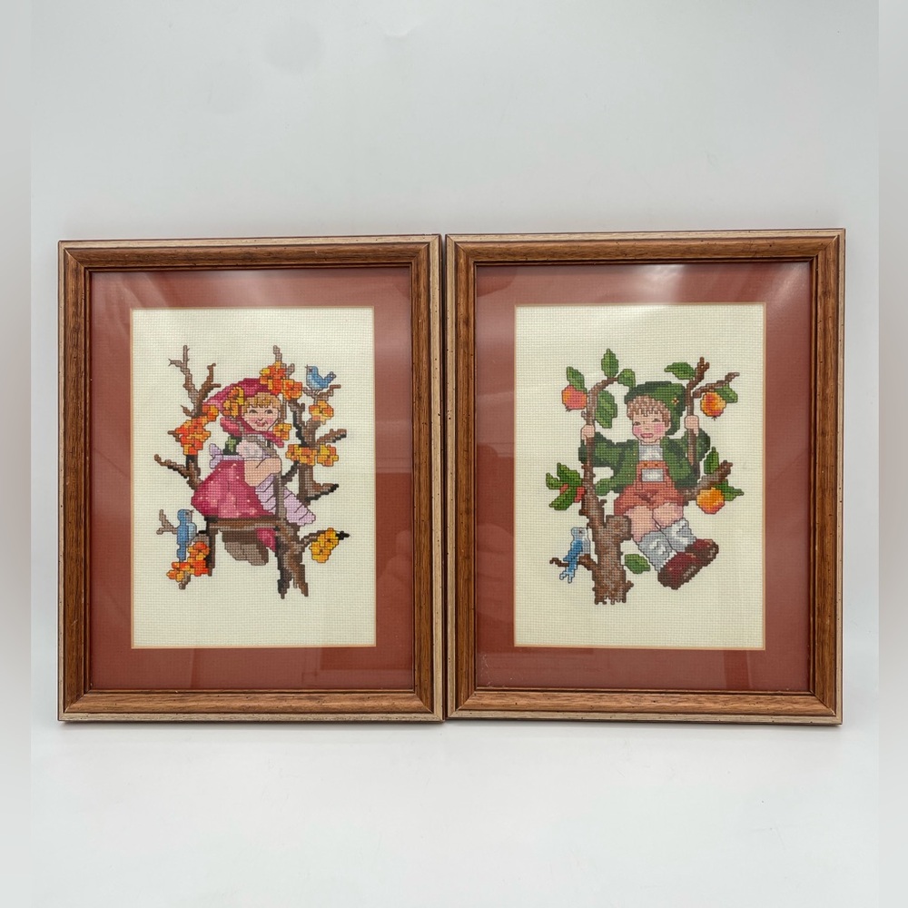 Vintage Spring Hummel Wooden Framed/Matte Cross-Stitch Pieces, Set of 2, 9.25”